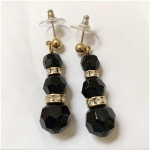 Vintage Rhinestones | Black Bead Dangle Earrings